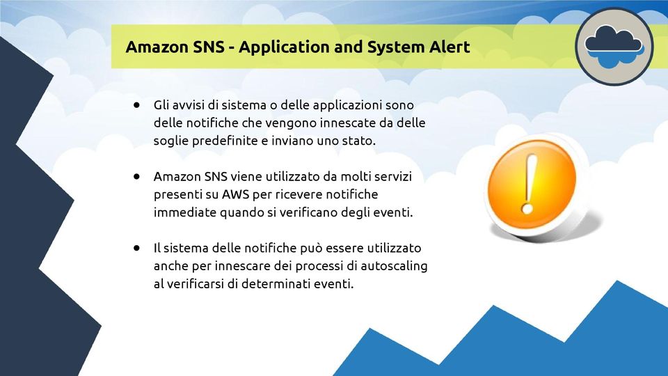 Amazon SNS viene utilizzato da molti servizi presenti su AWS per ricevere notifiche immediate quando si