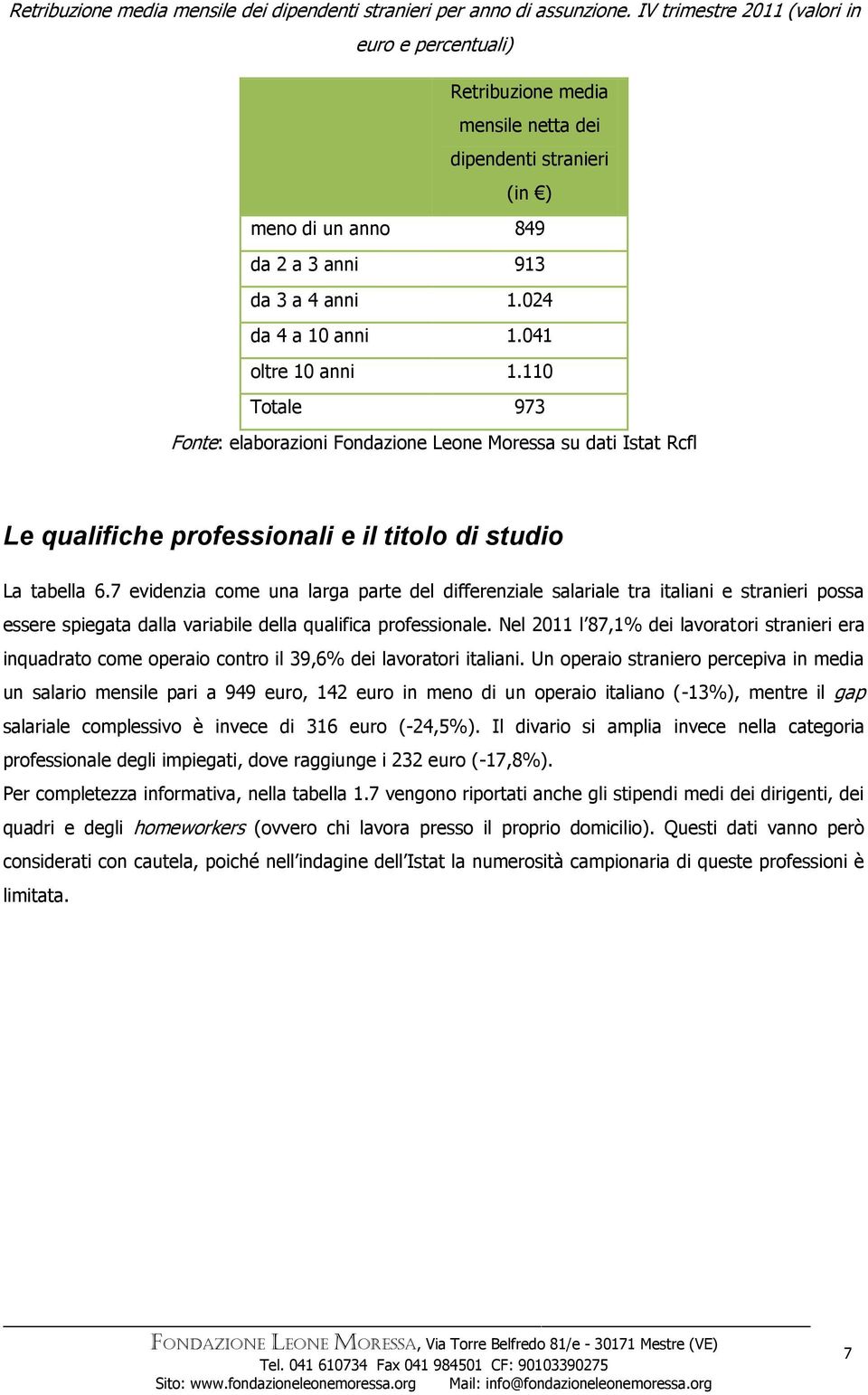 7 evidenzia come una larga parte del differenziale salariale tra italiani e stranieri possa essere spiegata dalla variabile della qualifica professionale.