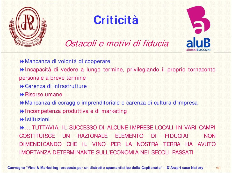 Istituzioni TUTTAVIA, IL SUCCESSO DI ALCUNE IMPRESE LOCALI IN VARI CAMPI COSTITUISCE UN RAZIONALE ELEMENTO DI FIDUCIA!