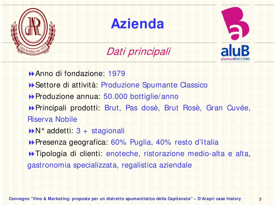 Presenza geografica: 60% Puglia, 40% resto d Italia Tipologia di clienti: enoteche, ristorazione medio-alta e alta, gastronomia