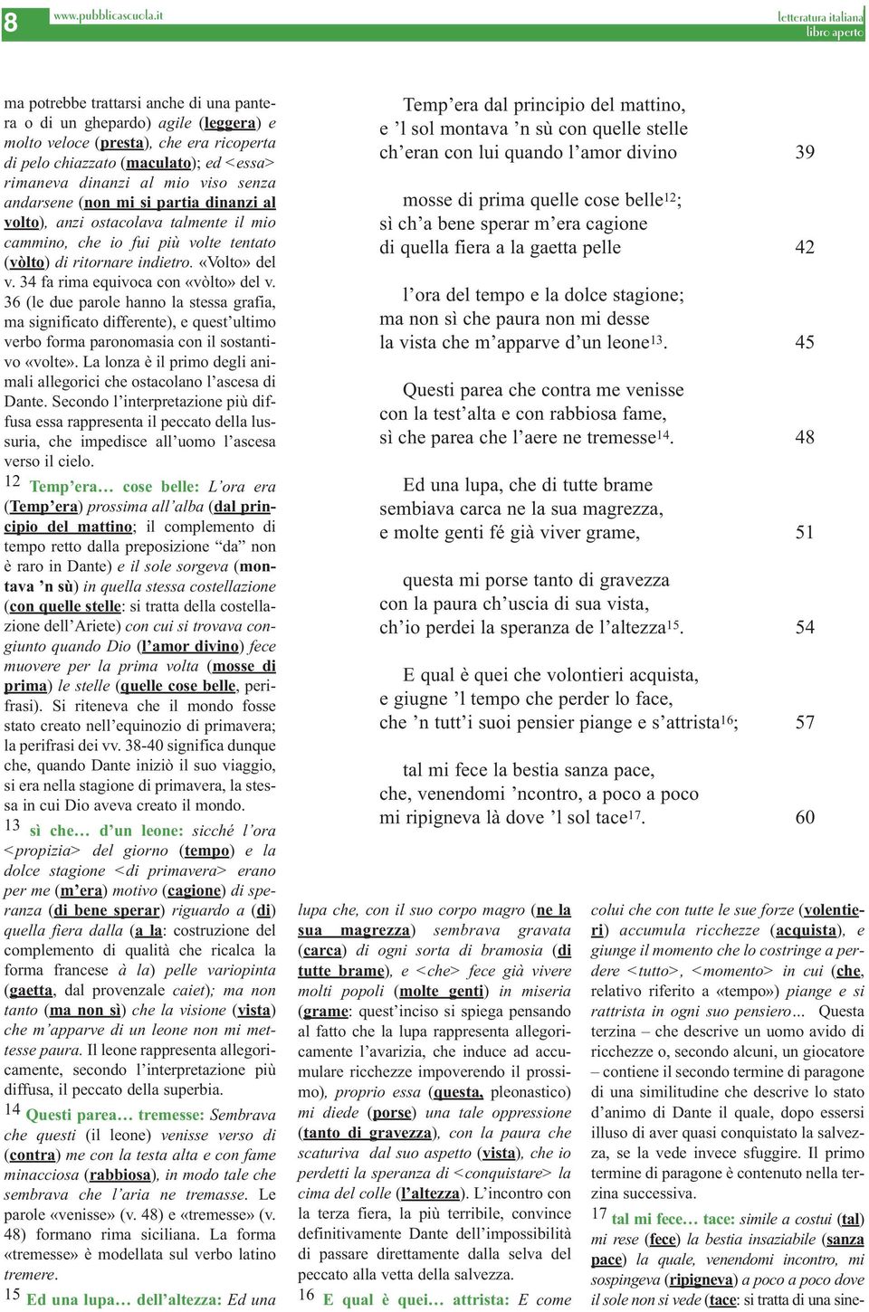 34 fa rima equivoca con «vòlto» del v. 36 (le due parole hanno la stessa grafia, ma significato differente), e quest ultimo verbo forma paronomasia con il sostantivo «volte».