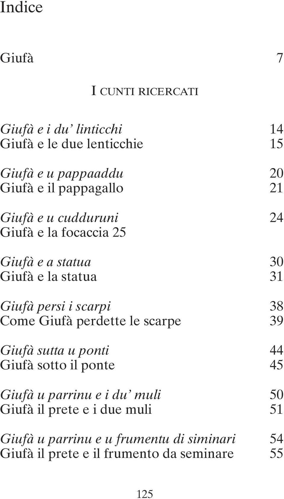 scarpi 38 Come Giufà perdette le scarpe 39 Giufà sutta u ponti 44 Giufà sotto il ponte 45 Giufà u parrinu e i du muli