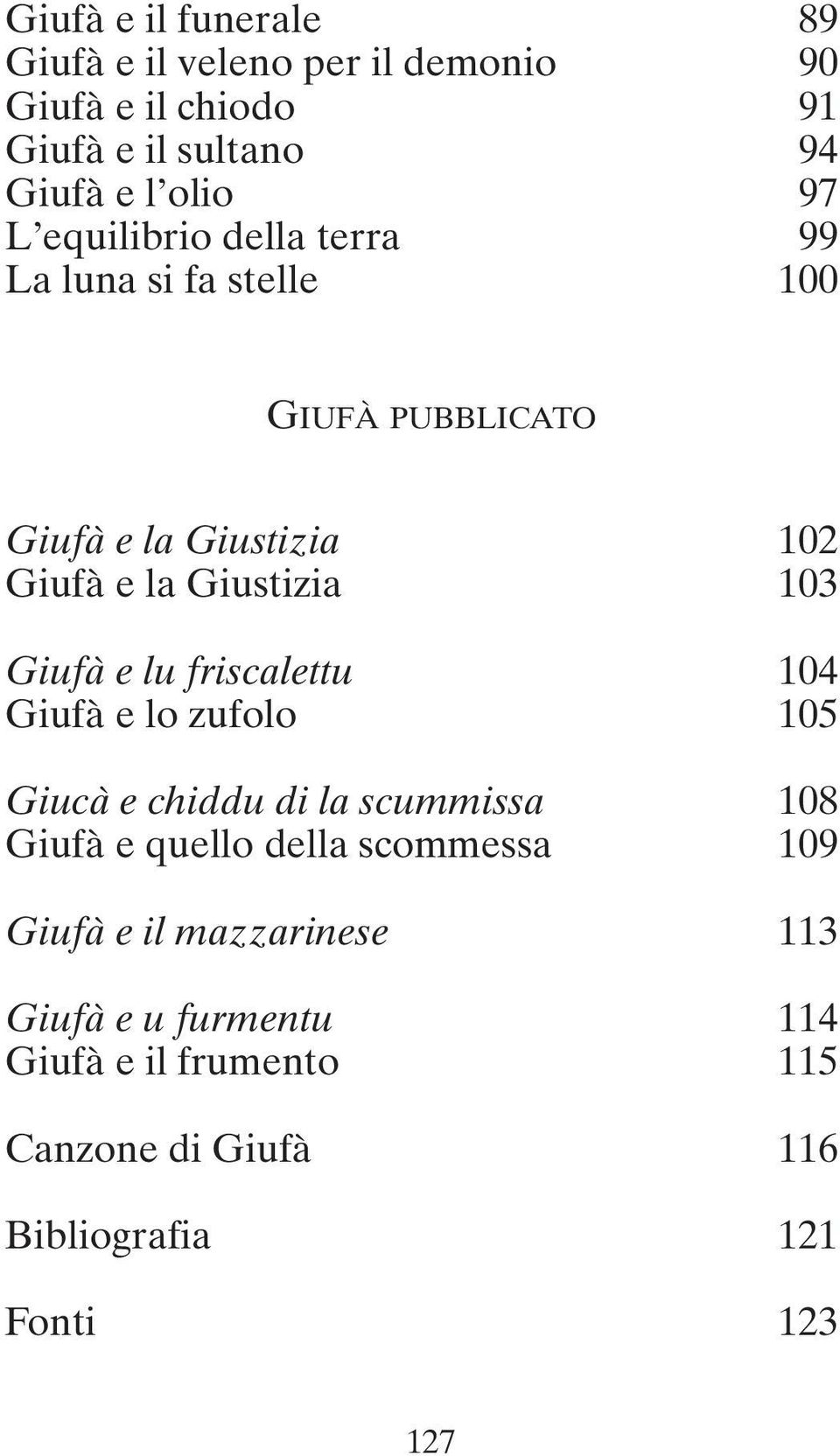 Giufà e lu friscalettu 104 Giufà e lo zufolo 105 Giucà e chiddu di la scummissa 108 Giufà e quello della scommessa 109