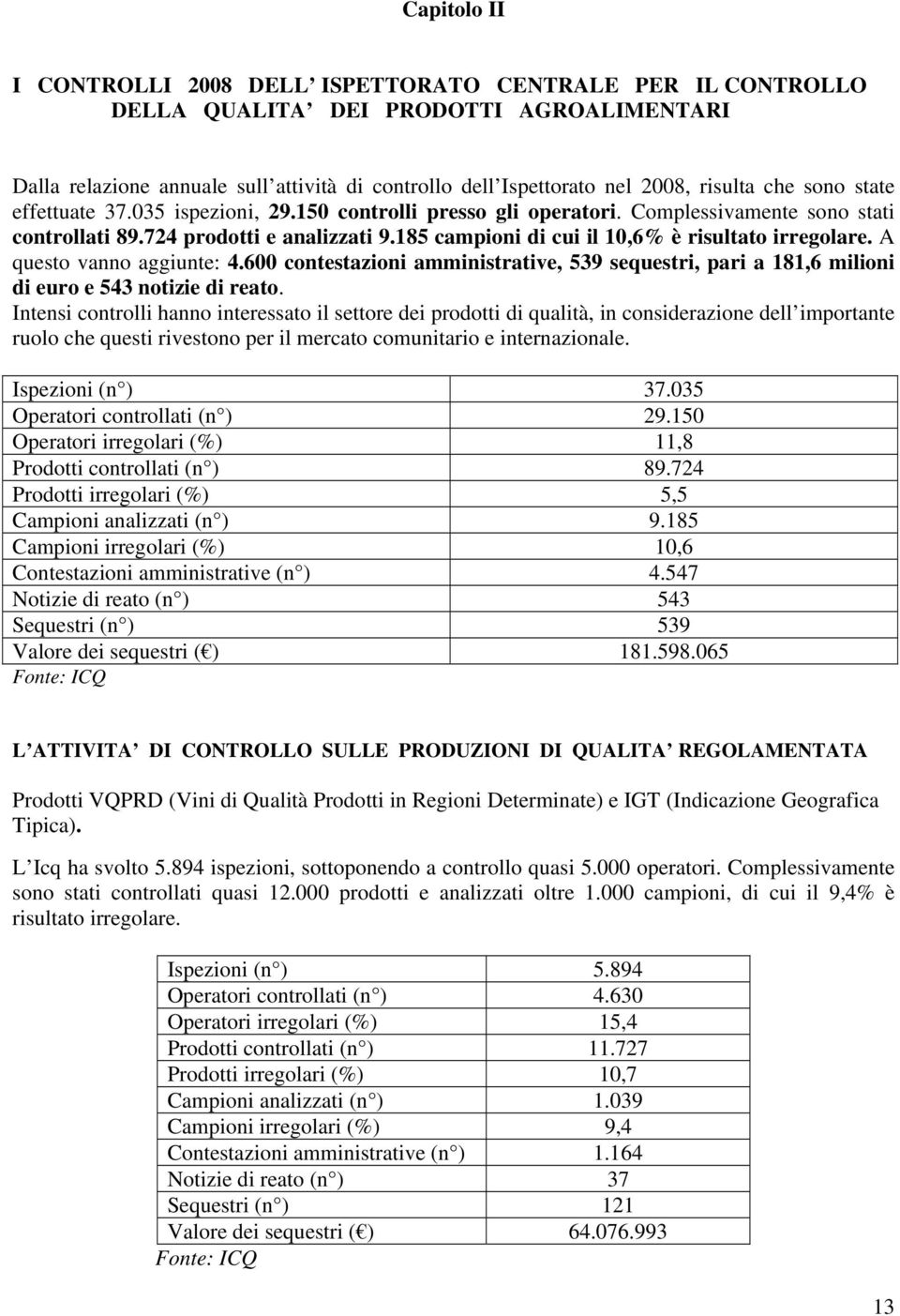 185 campioni di cui il 10,6% è risultato irregolare. A questo vanno aggiunte: 4.600 contestazioni amministrative, 539 sequestri, pari a 181,6 milioni di euro e 543 notizie di reato.