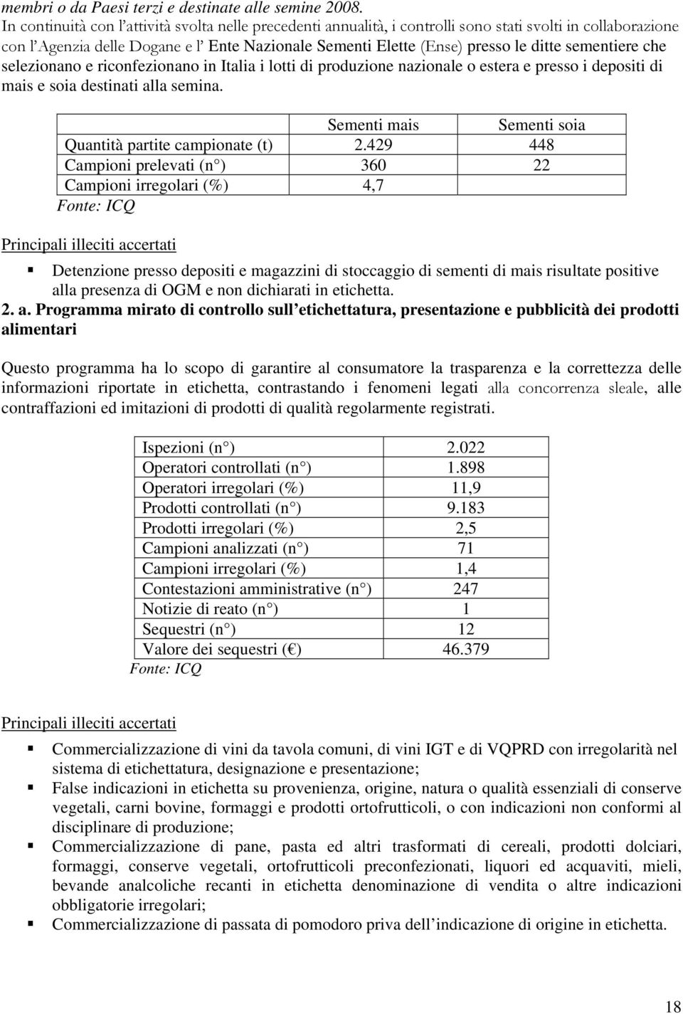 sementiere che selezionano e riconfezionano in Italia i lotti di produzione nazionale o estera e presso i depositi di mais e soia destinati alla semina.