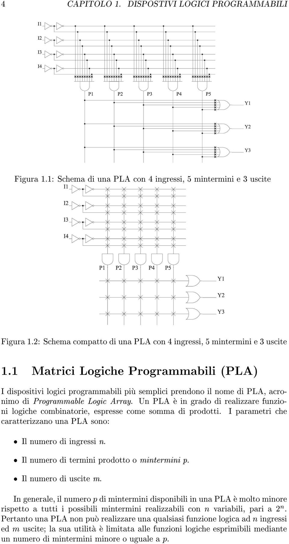 Un PLA e in grado di realizzare funzioni logiche combinatorie, espresse come somma di prodotti. I parametri che caratterizzano una PLA sono: Il numero di ingressi n.