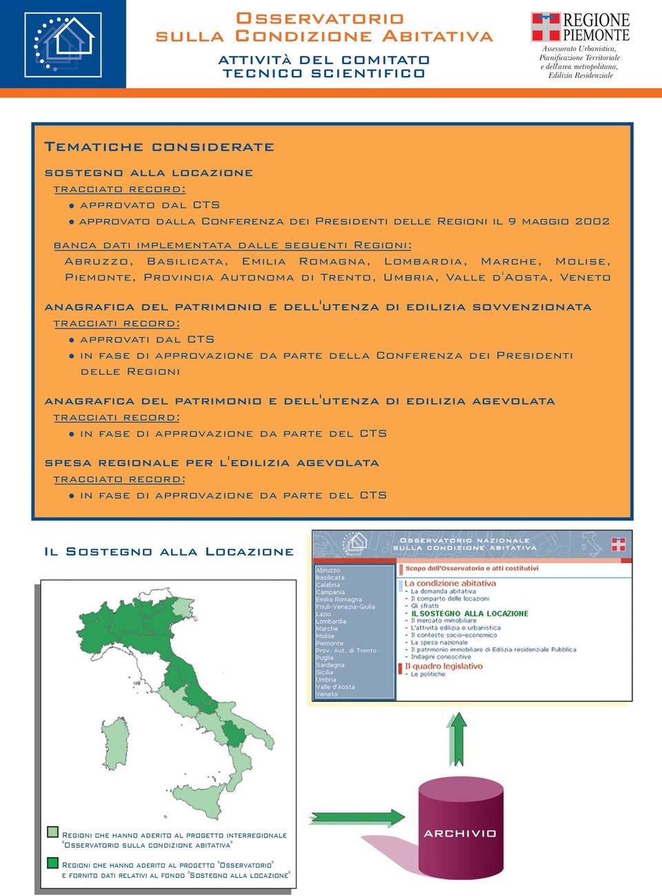 Abruzzo, Basilicata, Emilia Romagna, Lombardia, Marche, Molise, Piemonte, Provincia Autonoma di Trento, Umbria, Valle d'aosta, Veneto anagrafica del patrimonio e dell'utenza di edilizia sovvenzionata