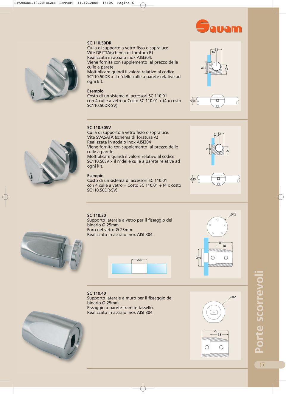 Ø32 32 27 Costo di un sistema di accessori SC 110.01 con 4 culle a vetro = Costo SC 110.01 + (4 x costo SC110.DR-SV) SC 110.SV Culla di supporto a vetro fisso o sopraluce.