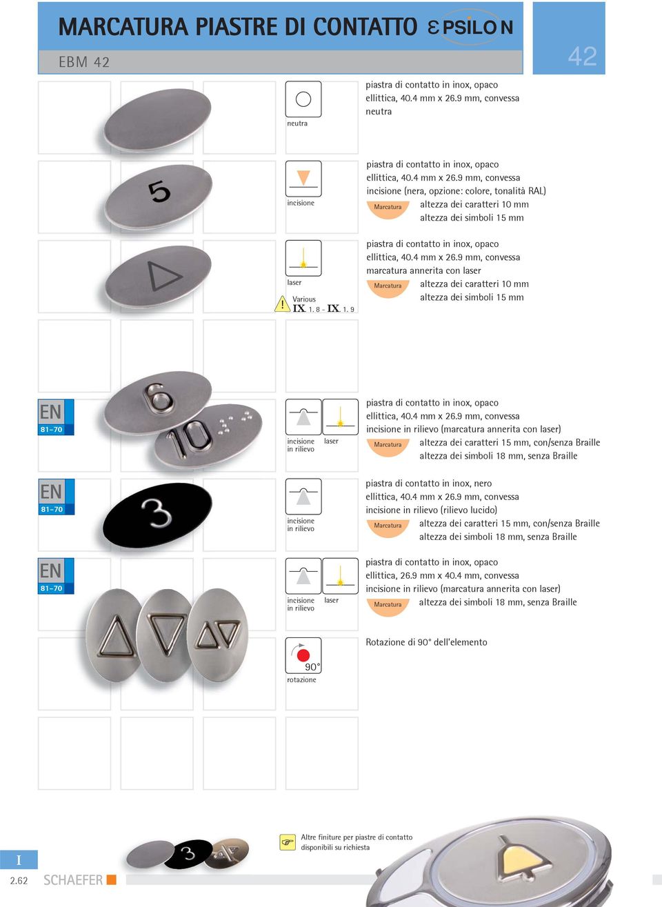 9 mm, convessa incisione in rilievo (marcatura annerita con laser) altezza dei caratteri 15 mm, con/senza Braille altezza dei simboli 18 mm, senza Braille 81-7 incisione in rilievo piastra di