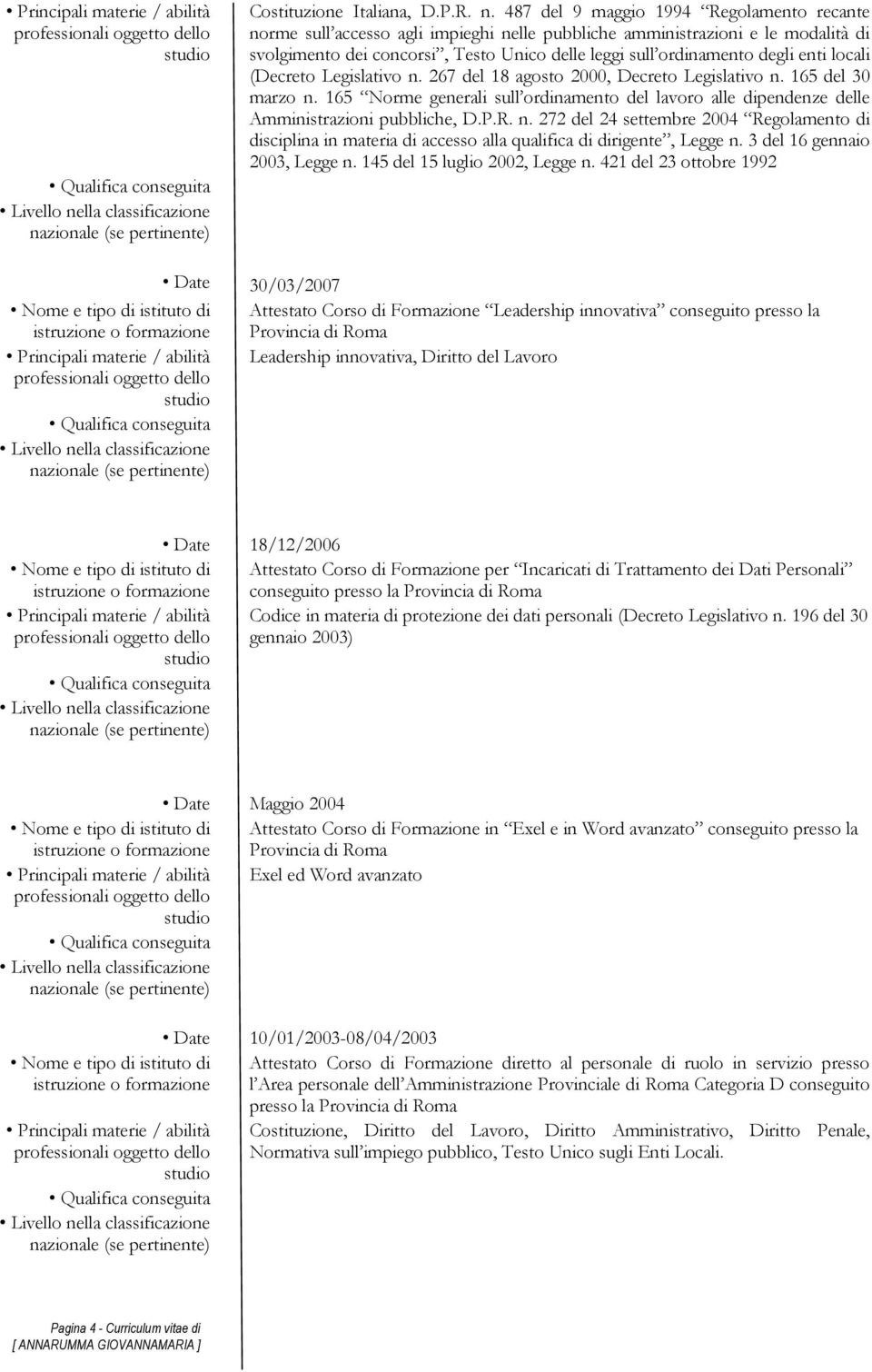 enti locali (Decreto Legislativo n. 267 del 18 agosto 2000, Decreto Legislativo n. 165 del 30 marzo n.