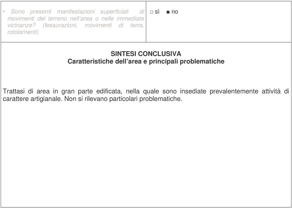 (fessurazioni, movimenti di terra, rotolamenti) SINTESI CONCLUSIVA Caratteristiche dell area e