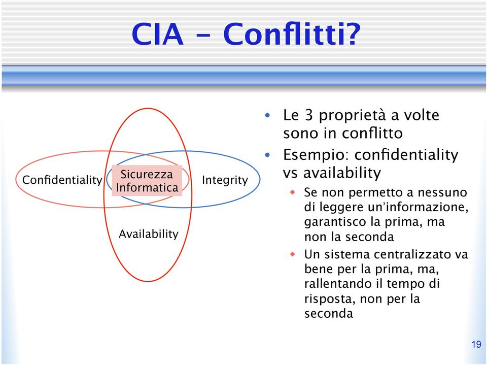 Availability Integrity Esempio: confidentiality vs availability w Se non permetto a