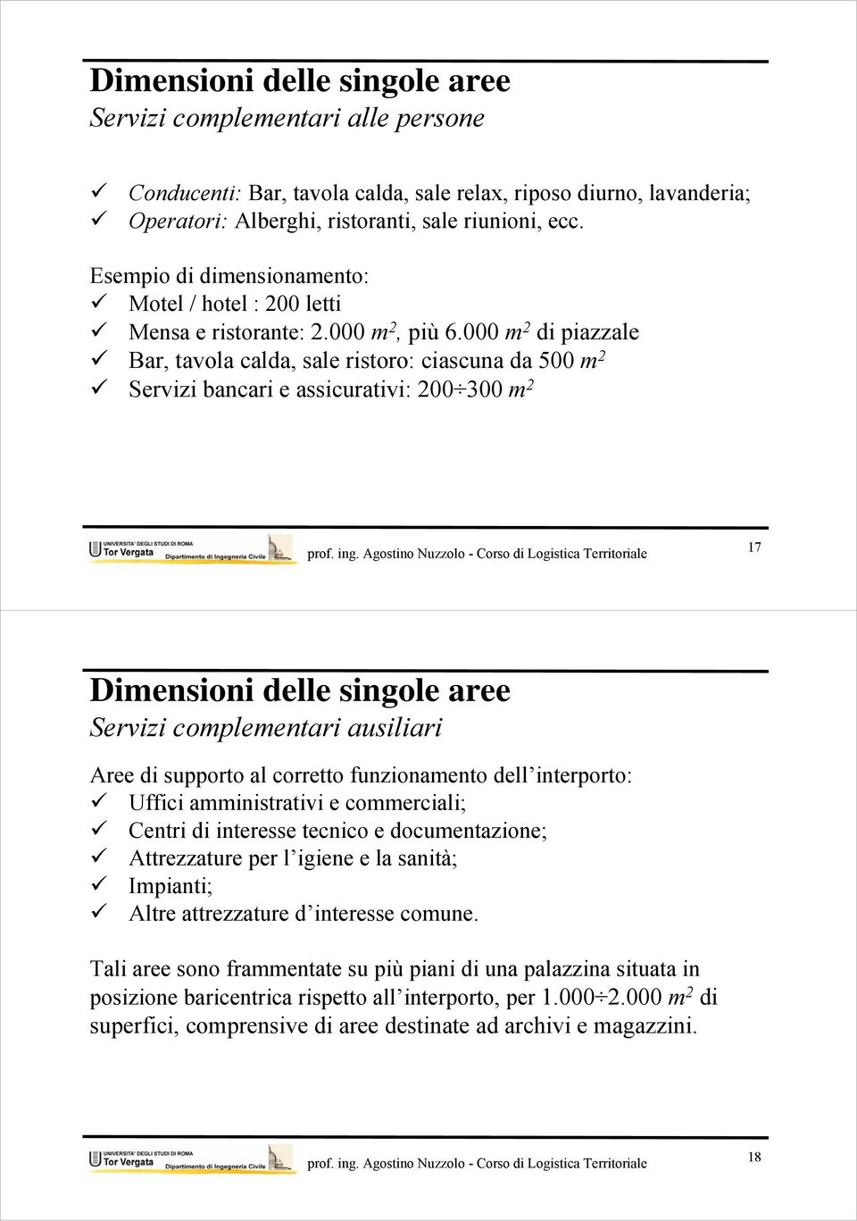 000 m 2 di piazzale Bar, tavola calda, sale ristoro: ciascuna da 500 m 2 Servizi bancari e assicurativi: 200 300 m 2 17 Dimensioni delle singole aree Servizi complementari ausiliari Aree di supporto