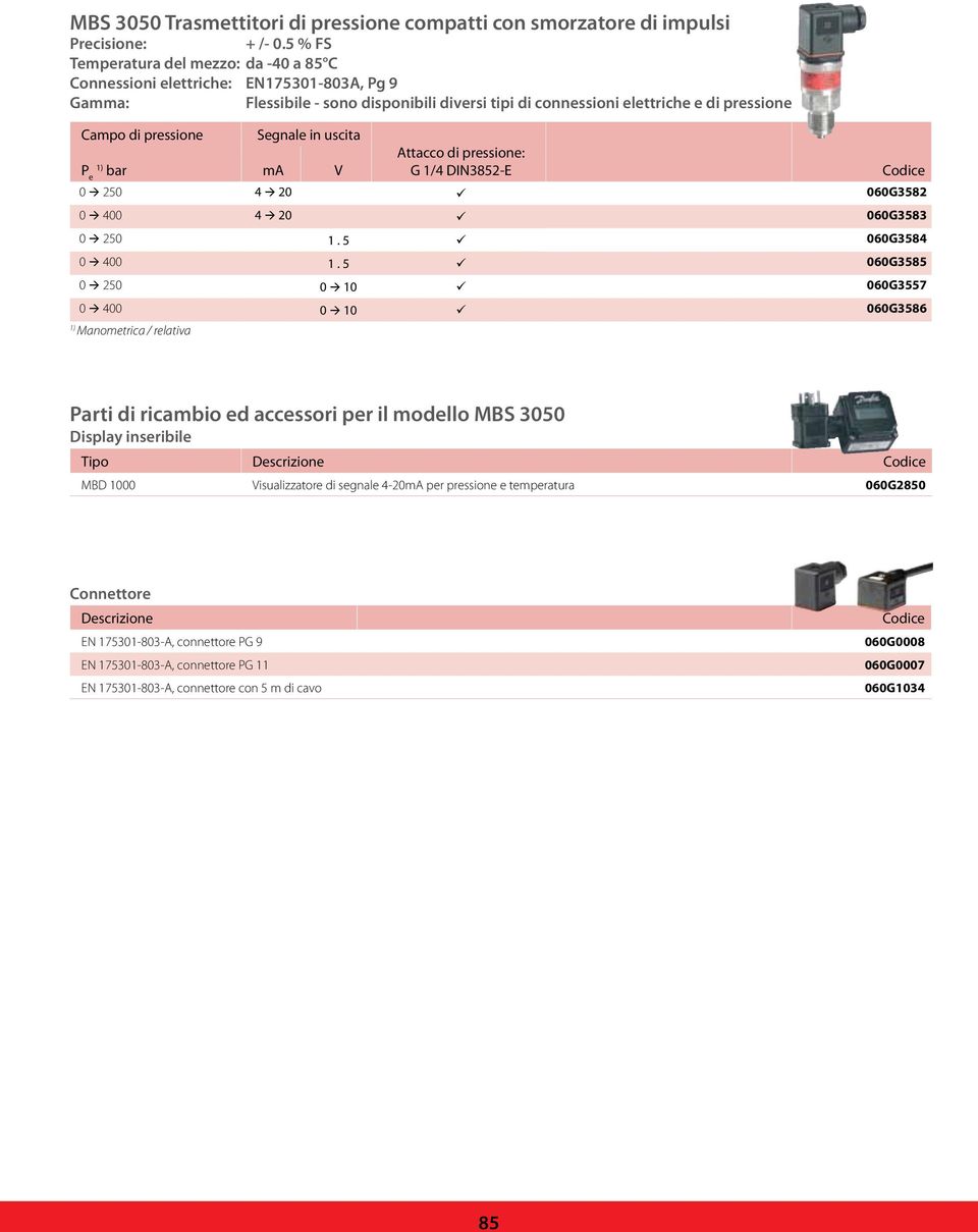 Segnale in uscita P 1) e bar ma V Attacco di pressione: G 1/4 DIN3852-E 0 à 250 4 à 20 060G3582 0 à 400 4 à 20 060G3583 0 à 250 1. 5 060G3584 0 à 400 1.