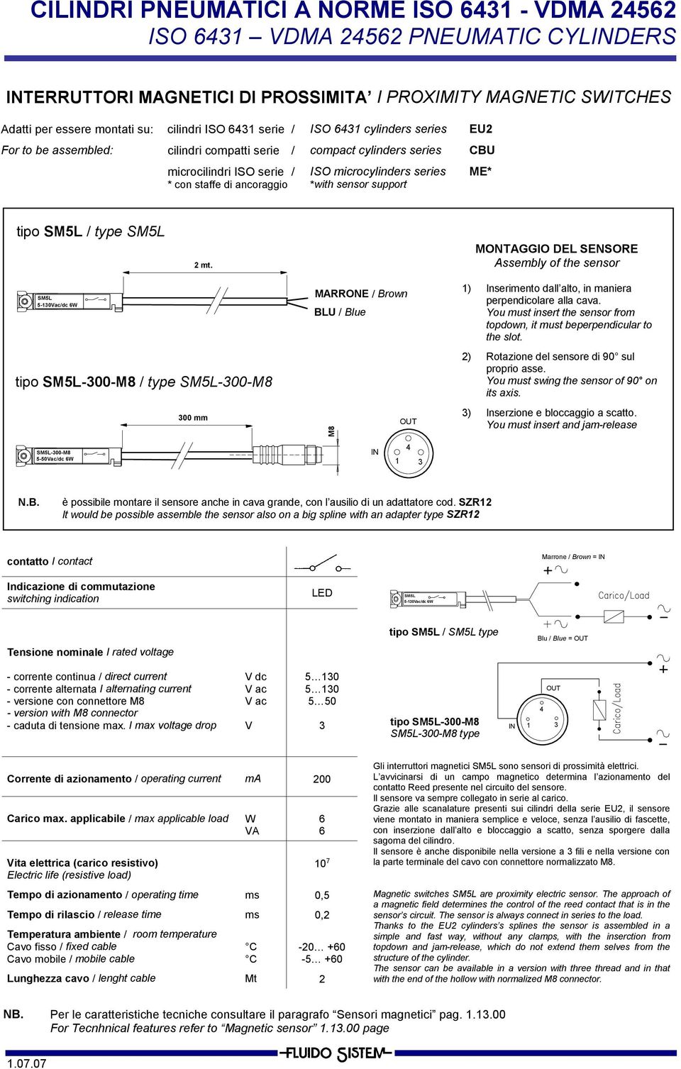 MONTAGGIO DEL SENSORE Assembly of the sensor SM5L 5-30Vac/dc 6W tipo SM5L-300-M8 / type SM5L-300-M8 MARRONE / Brown BLU / Blue ) Inserimento dall alto, in maniera perpendicolare alla cava.