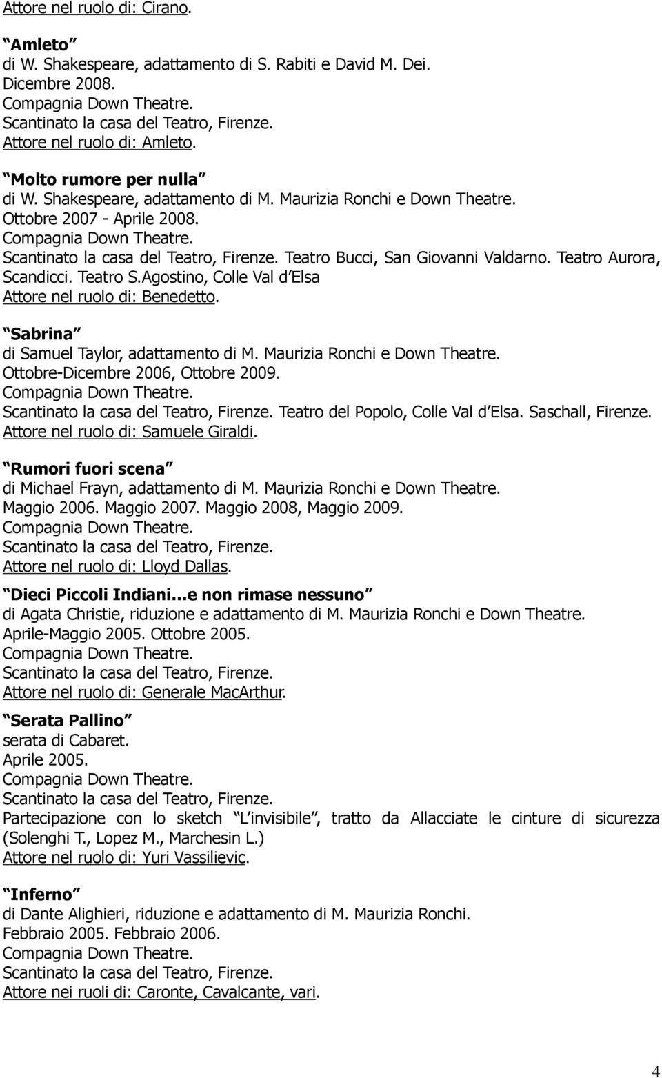 Sabrina di Samuel Taylor, adattamento di M. Maurizia Ronchi e Down Theatre. Ottobre-Dicembre 2006, Ottobre 2009. Teatro del Popolo, Colle Val d Elsa. Saschall, Firenze.