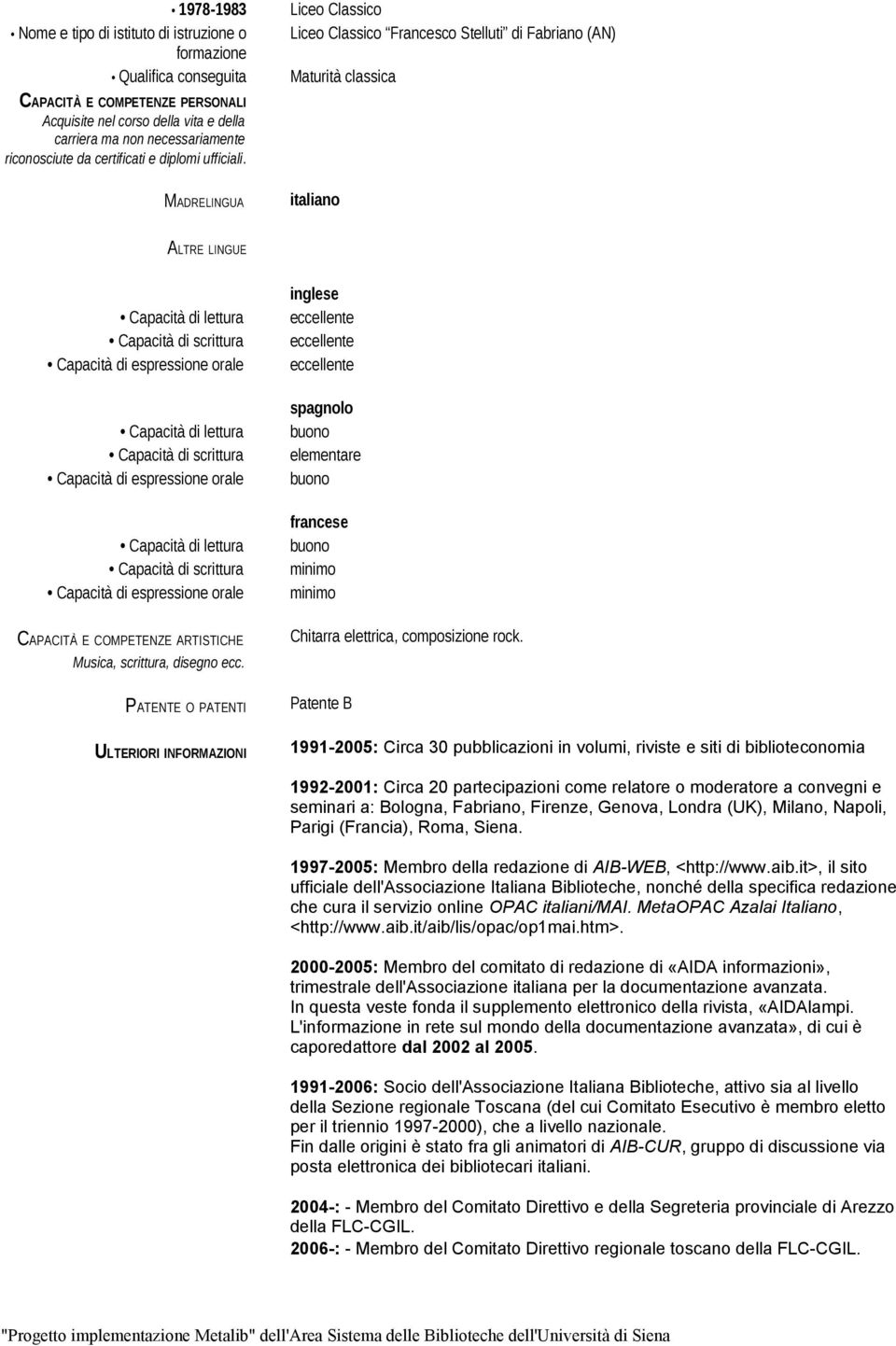 PATENTE O PATENTI ULTERIORI INFORMAZIONI inglese spagnolo elementare francese minimo minimo Chitarra elettrica, composizione rock.