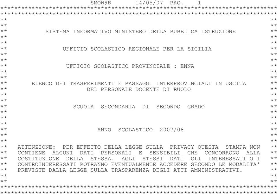 DELLA PUBBLICA ISTRUZIONE ** ** UFFICIO SCOLASTICO REGIONALE PER LA SICILIA ** ** UFFICIO SCOLASTICO PROVINCIALE : ENNA ** ** ELENCO DEI TRASFERIMENTI E PASSAGGI INTERPROVINCIALI IN USCITA ** ** DEL