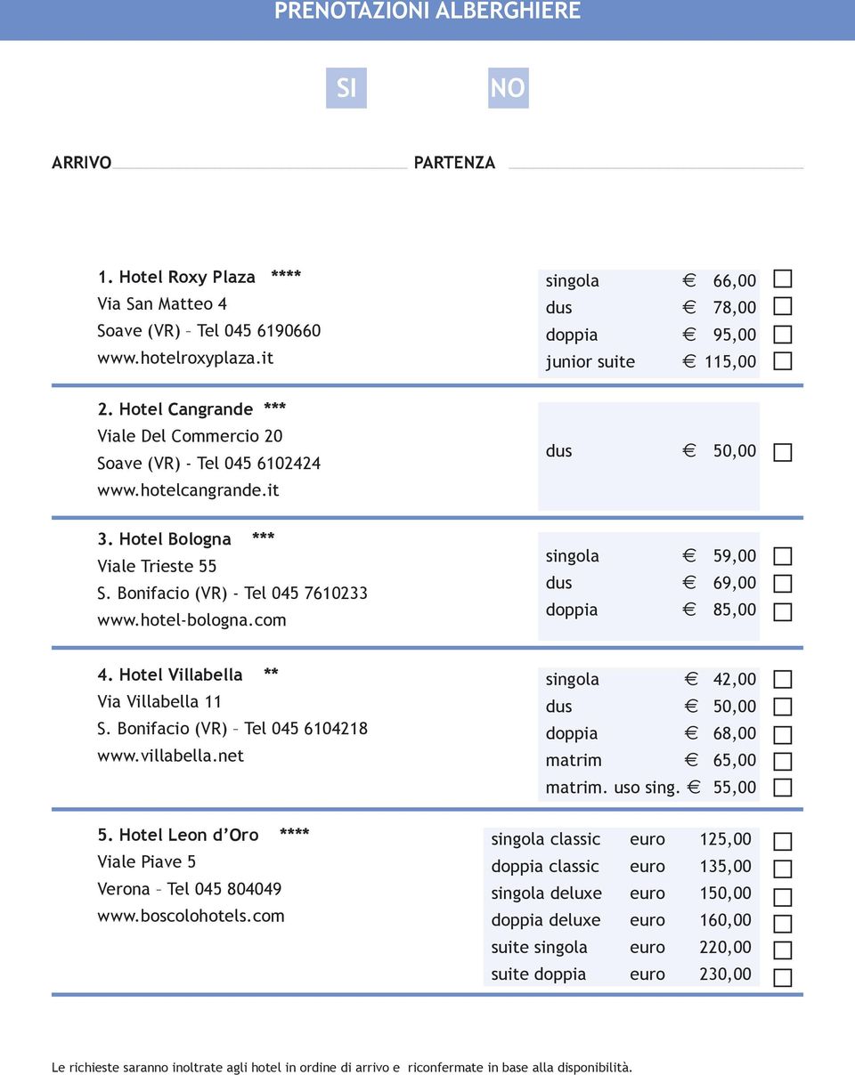 Hotel Bologna *** Viale Trieste 55 S. Bonifacio (VR) - Tel 045 7610233 www.hotel-bologna.com singola 59,00 dus 69,00 doppia 85,00 4. Hotel Villabella ** Via Villabella 11 S.