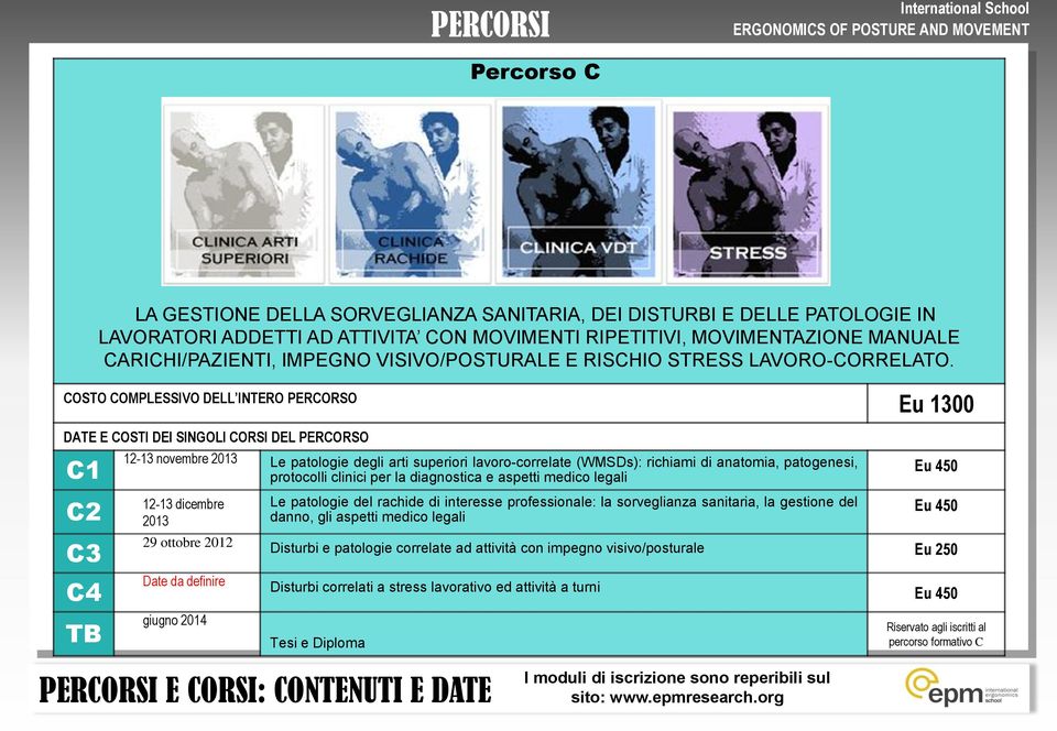 COSTO COMPLESSIVO DELL INTERO PERCORSO Eu 1300 DATE E COSTI DEI SINGOLI CORSI DEL PERCORSO C1 C2 C3 C4 TB 12-13 novembre 2013 Le patologie degli arti superiori lavoro-correlate (WMSDs): richiami di