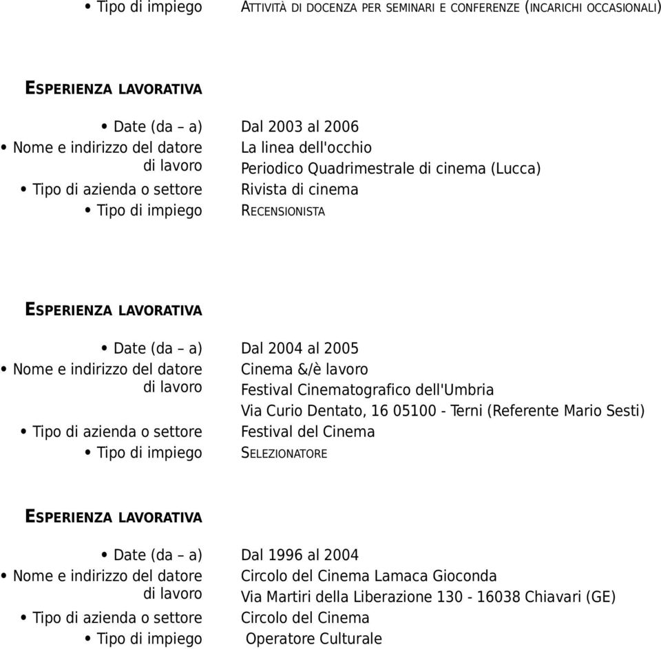 Cinematografico dell'umbria Via Curio Dentato, 16 05100 - Terni (Referente Mario Sesti) Festival del Cinema SELEZIONATORE Date (da