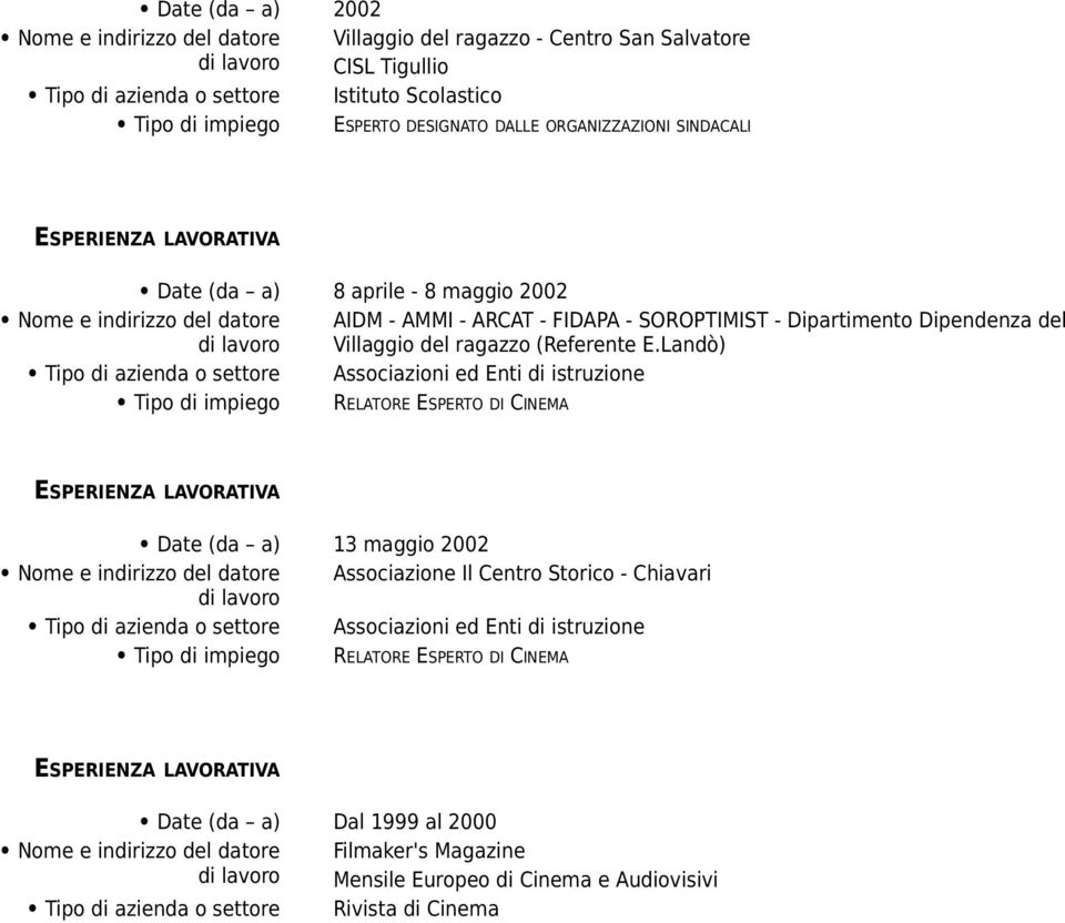 Landò) Associazioni ed Enti di istruzione RELATORE ESPERTO DI CINEMA Date (da a) 13 maggio 2002 Associazione Il Centro Storico - Chiavari