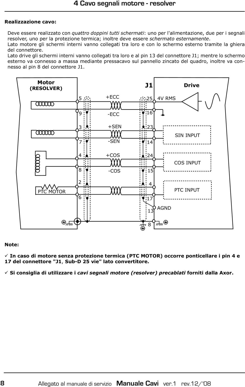 Lato drive gli schermi interni vanno collegati tra loro e al pin 1 del connettore J1; mentre lo schermo esterno va connesso a massa mediante pressacavo sul pannello zincato del quadro, inoltre va