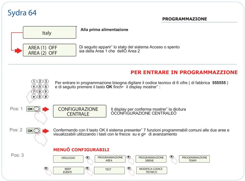 CONFIGURAZIONE CENTRALE Il display per conferma mostrerˆ la dicitura ÒCONFIGURAZIONE CENTRALEÓ Pos: 2 Confermando con il tasto il sistema presenterˆ 7 funzioni programmabili comuni alle due aree e