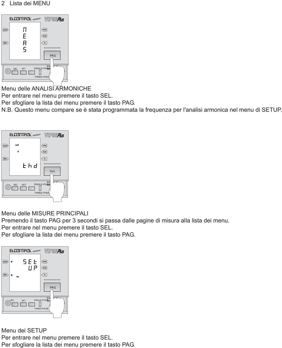 Menu delle MISURE PRINCIPLI Premendo il tasto per 3 secondi si passa dalle pagine di misura alla lista dei menu.