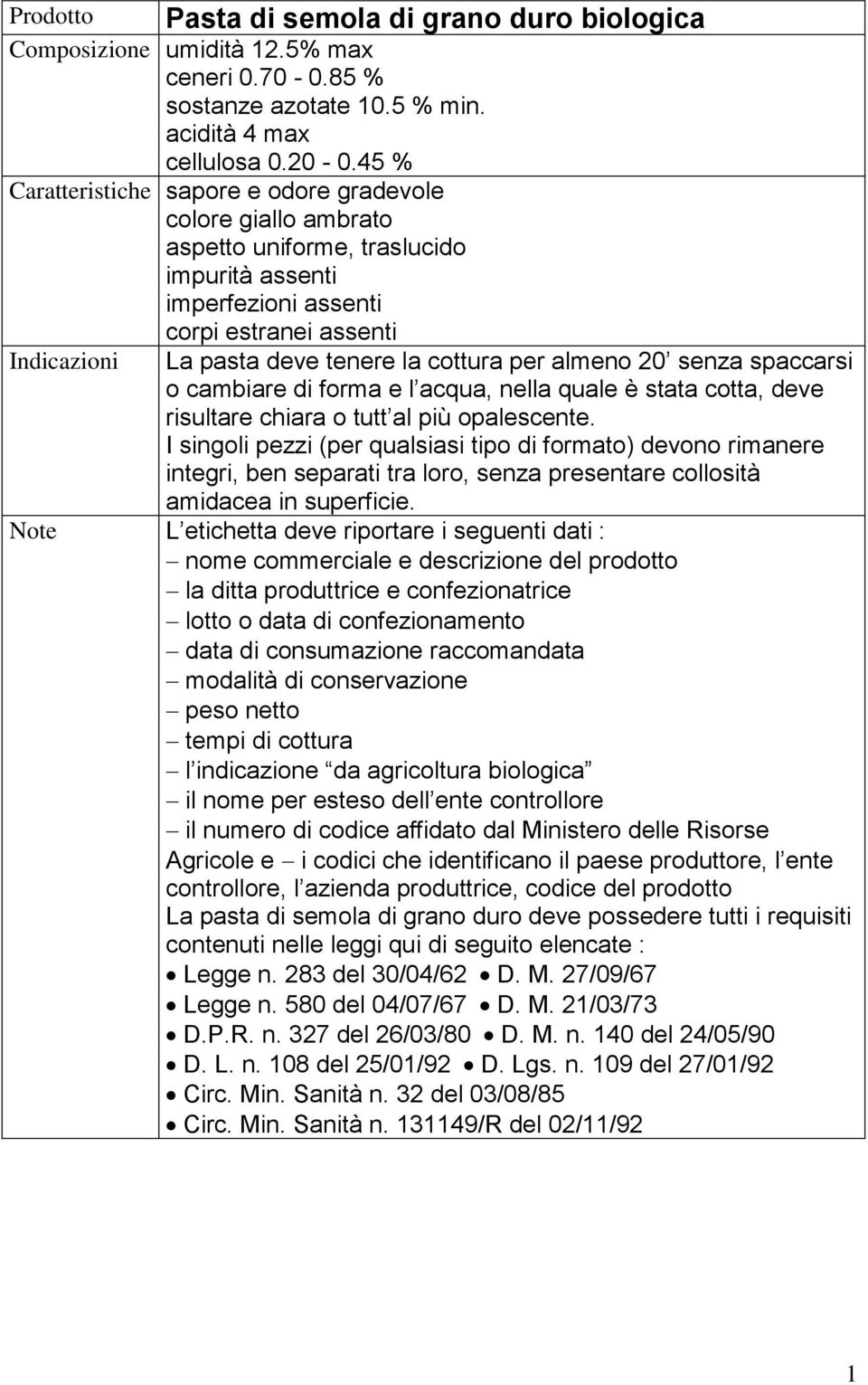 cottura per almeno 20 senza spaccarsi o cambiare di forma e l acqua, nella quale è stata cotta, deve risultare chiara o tutt al più opalescente.