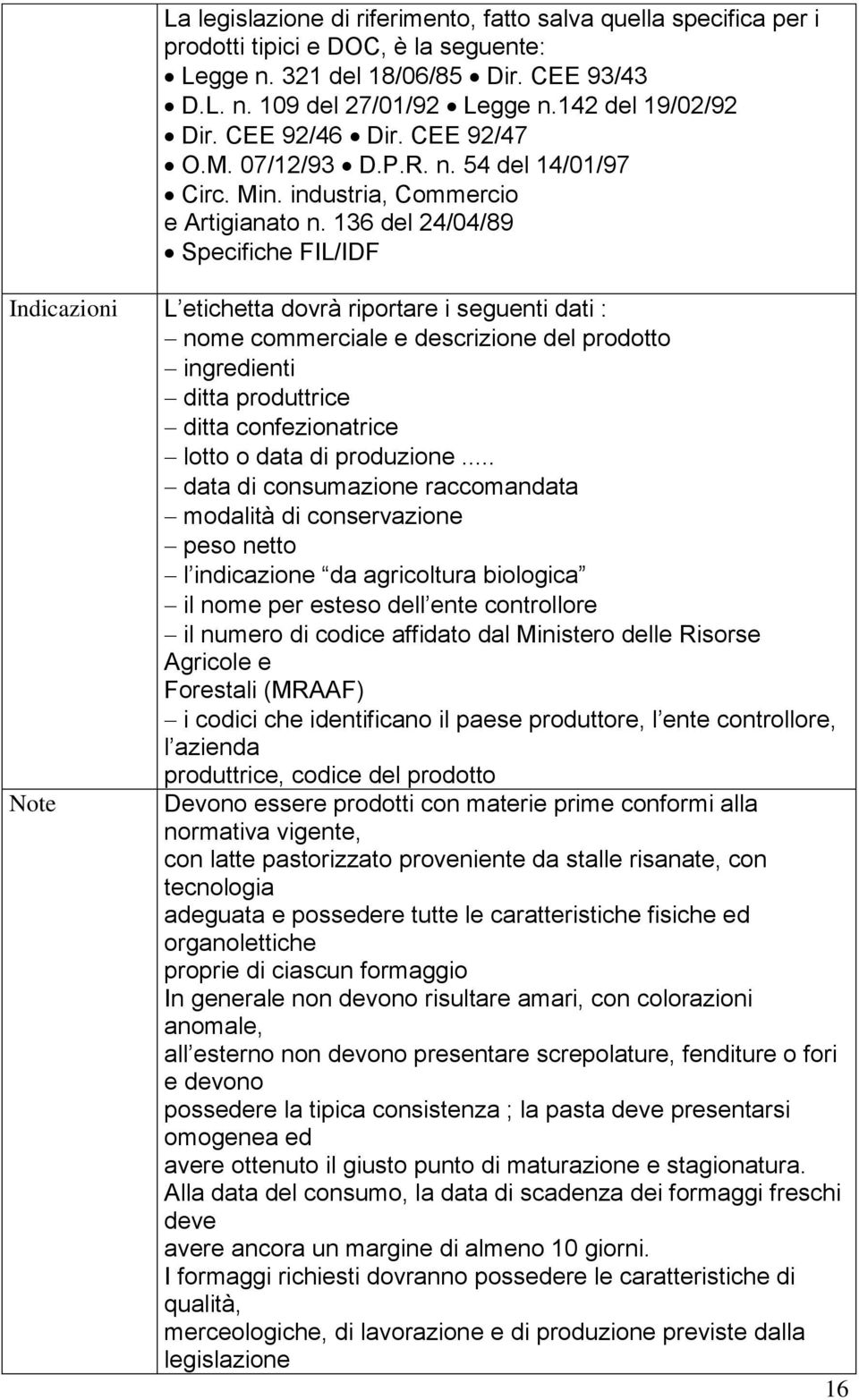 136 del 24/04/89 Specifiche FIL/IDF Indicazioni L etichetta dovrà riportare i seguenti dati : nome commerciale e descrizione del prodotto ingredienti ditta produttrice ditta confezionatrice lotto o