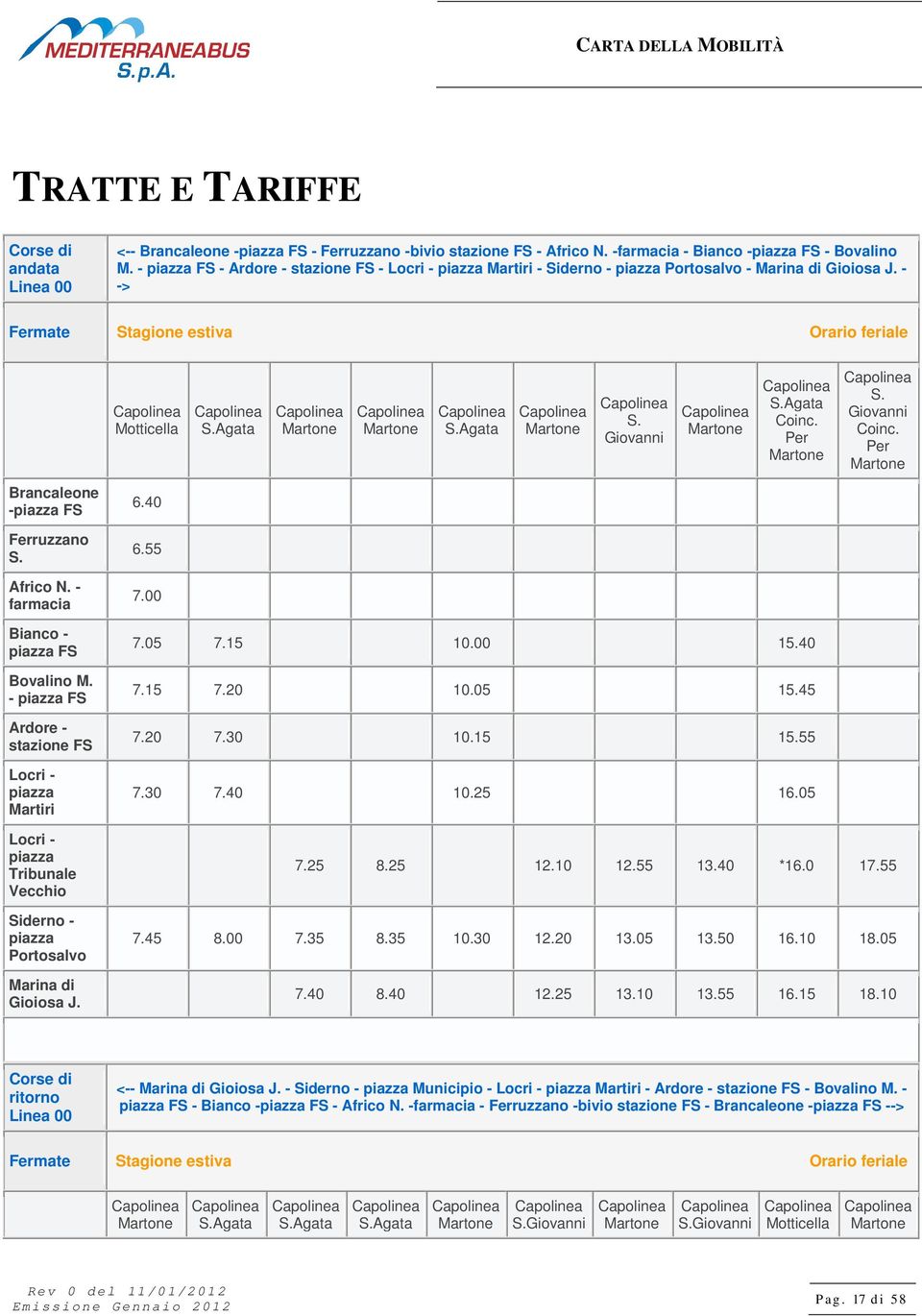 Agata Capolinea Martone Capolinea S. Giovanni Capolinea Martone Capolinea S.Agata Coinc. Per Martone Capolinea S. Giovanni Coinc. Per Martone Brancaleone -piazza 6.40 Ferruzzano S. 6.55 Africo N.