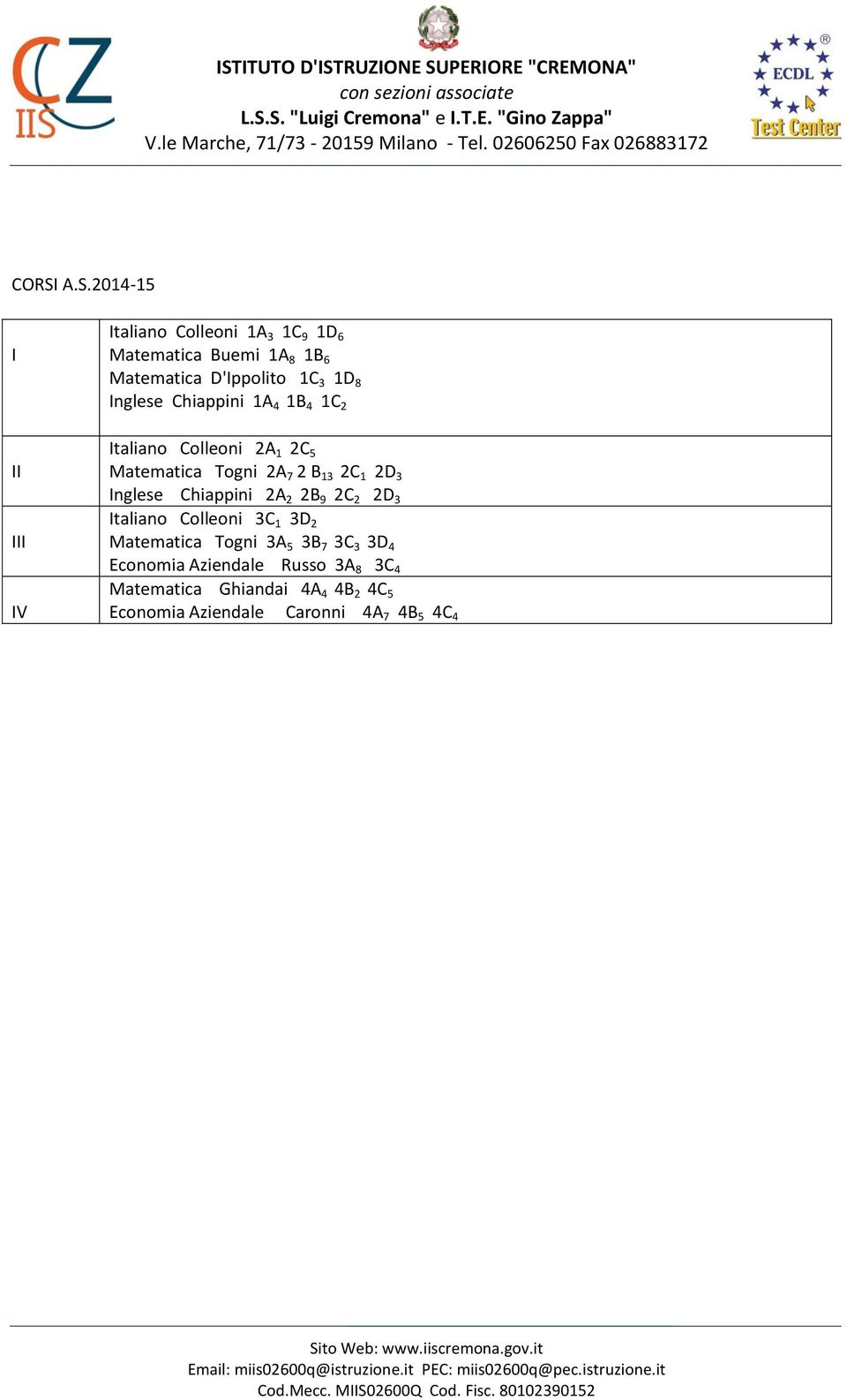 B 13 2C 1 2D 3 Inglese Chiappini 2A 2 2B 9 2C 2 2D 3 Italiano Colleoni 3C