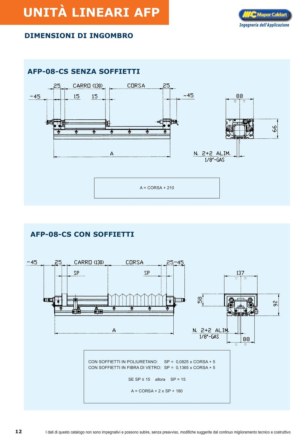 0,1365 x CORSA + 5 SE SP 15 allora SP = 15 A = CORSA + 2 x SP + 180 12 I dati di questo catalogo non