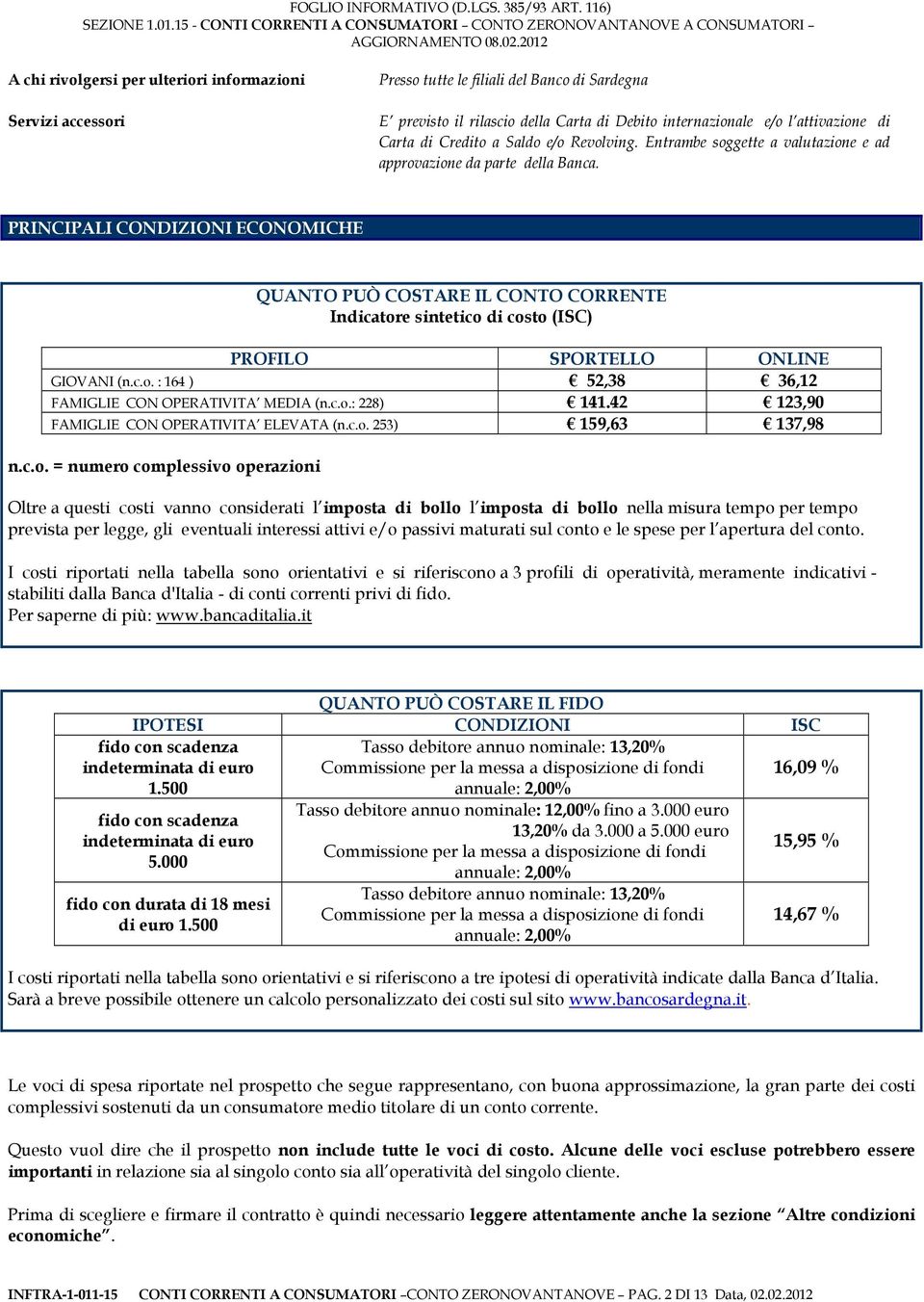 PRINCIPALI CONDIZIONI ECONOMICHE QUANTO PUÒ COSTARE IL CONTO CORRENTE Indicatore sintetico di costo (ISC) PROFILO SPORTELLO ONLINE GIOVANI (n.c.o. : 164 ) 52,38 36,12 FAMIGLIE CON OPERATIVITA MEDIA (n.