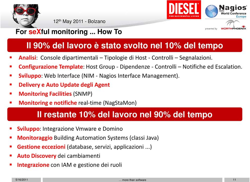 Delivery e Auto Update degli Agent Monitoring Facilities (SNMP) Monitoring e notifiche real-time (NagStaMon) Il restante 10% del lavoro nel 90% del tempo Sviluppo: