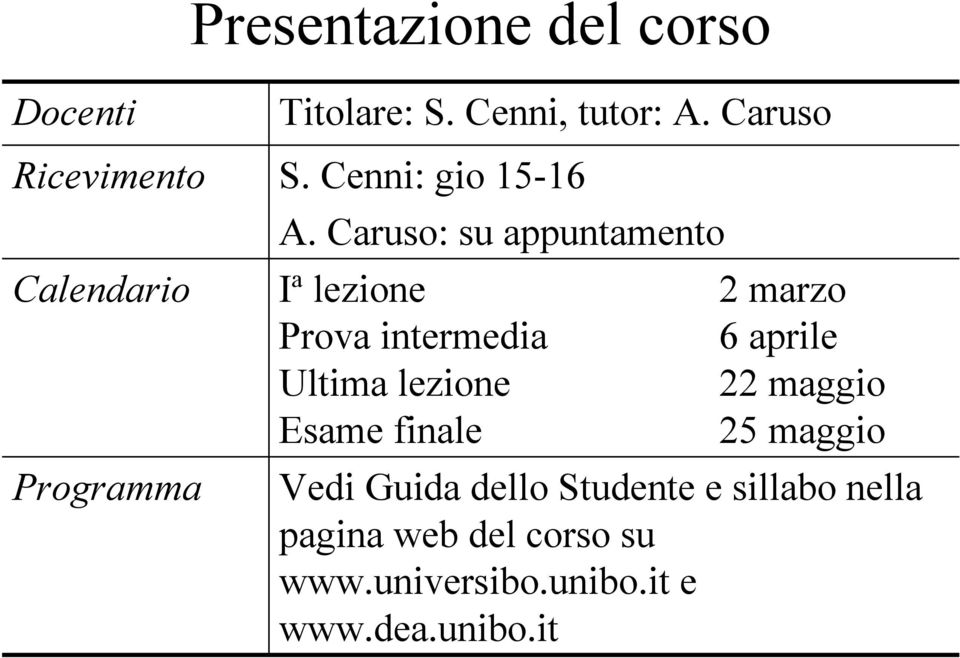 Caruso: su appuntamento Iª lezione Prova intermedia Ultima lezione Esame finale 2 marzo