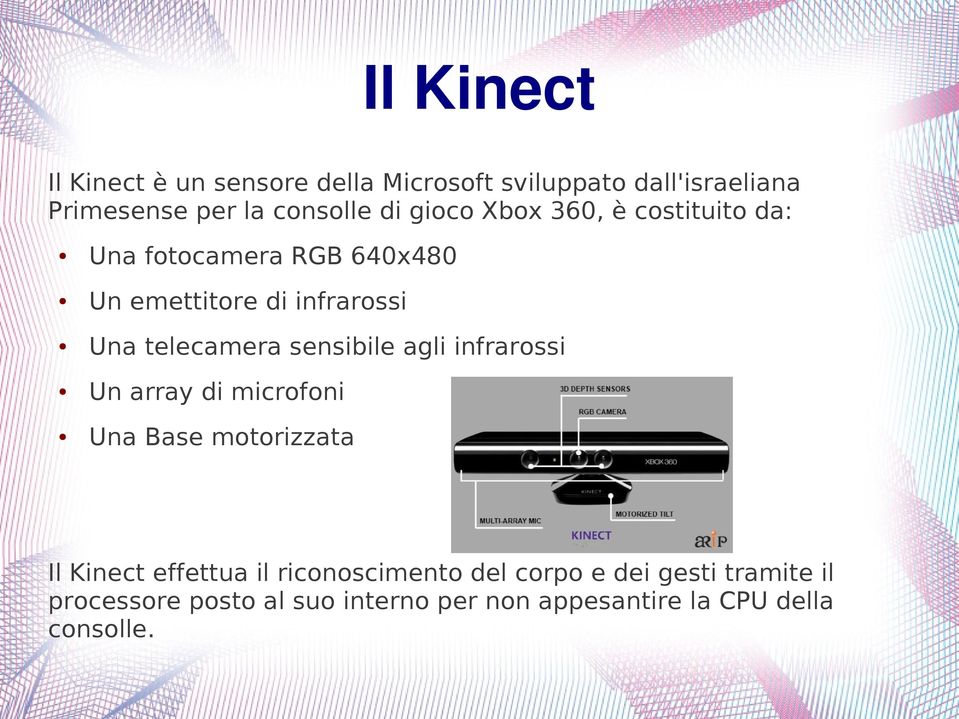 sensibile agli infrarossi Un array di microfoni Una Base motorizzata Il Kinect effettua il riconoscimento
