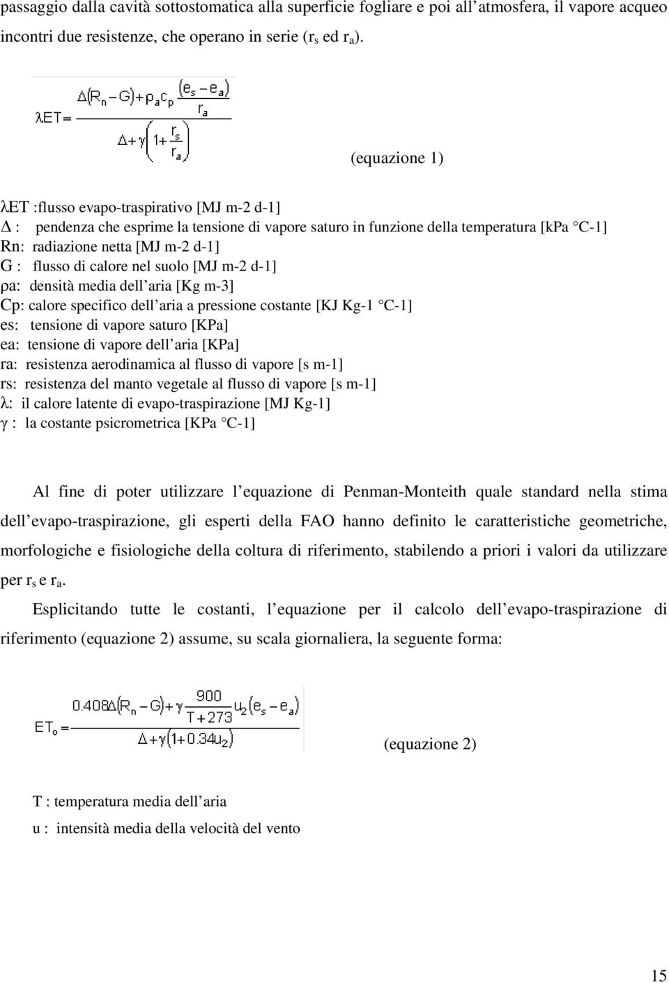 calore nel suolo [MJ m-2 d-1] ρa: densità media dell aria [Kg m-3] Cp: calore specifico dell aria a pressione costante [KJ Kg-1 C-1] es: tensione di vapore saturo [KPa] ea: tensione di vapore dell