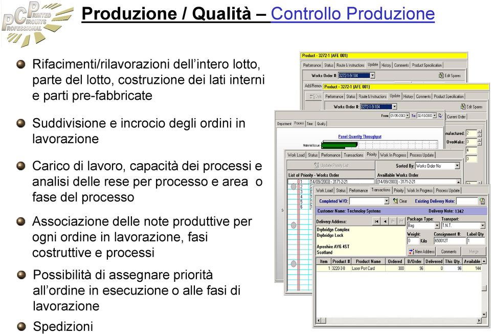 analisi delle rese per processo e area o fase del processo Associazione delle note produttive per ogni ordine in