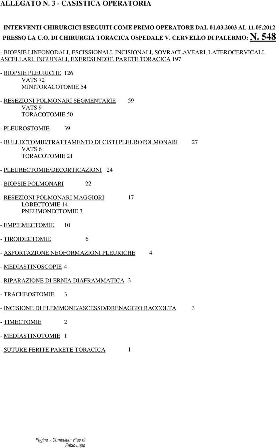 PARETE TORACICA 197 - BIOPSIE PLEURICHE 126 VATS 72 MINITORACOTOMIE 54 - RESEZIONI POLMONARI SEGMENTARIE VATS 9 TORACOTOMIE 50 59 - PLEUROSTOMIE 39 - BULLECTOMIE/TRATTAMENTO DI CISTI PLEUROPOLMONARI