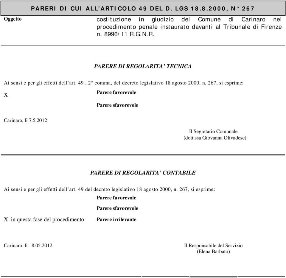 267, si esprime: x Parere favorevole Parere sfavorevole Carinaro, lì 7.5.2012 Il Segretario Comunale (dott.