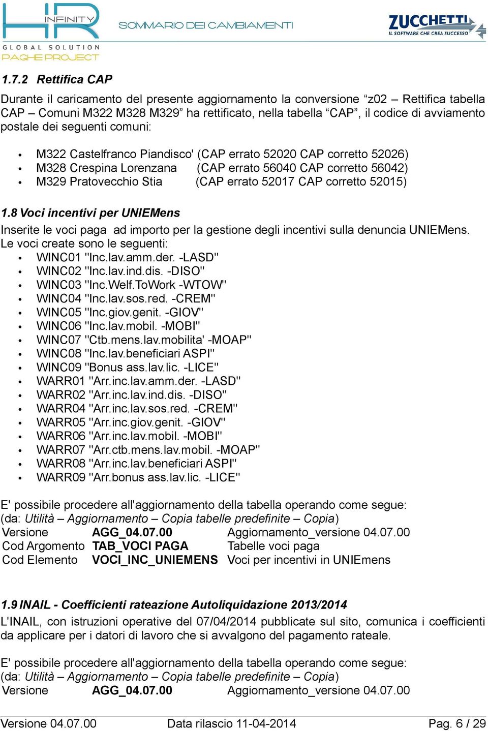 corretto 52015) 1.8 Voci incentivi per UNIEMens Inserite le voci paga ad importo per la gestione degli incentivi sulla denuncia UNIEMens. Le voci create sono le seguenti: WINC01 "Inc.lav.amm.der.