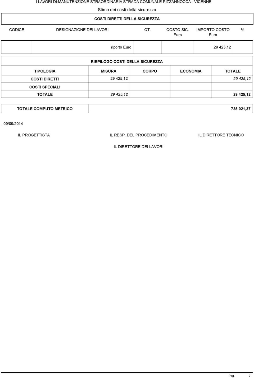 425,12 29 425,12 TOTALE COMPUTO METRICO 735 021,37, 09/09/2014 IL