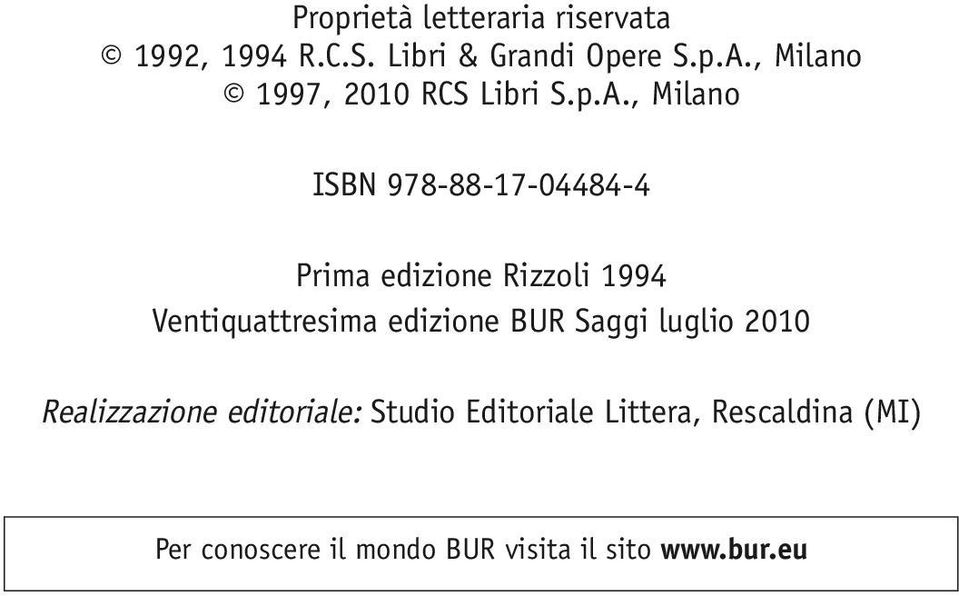 , Milano ISBN 978-88-17-04484-4 Prima edizione Rizzoli 1994 Ventiquattresima edizione