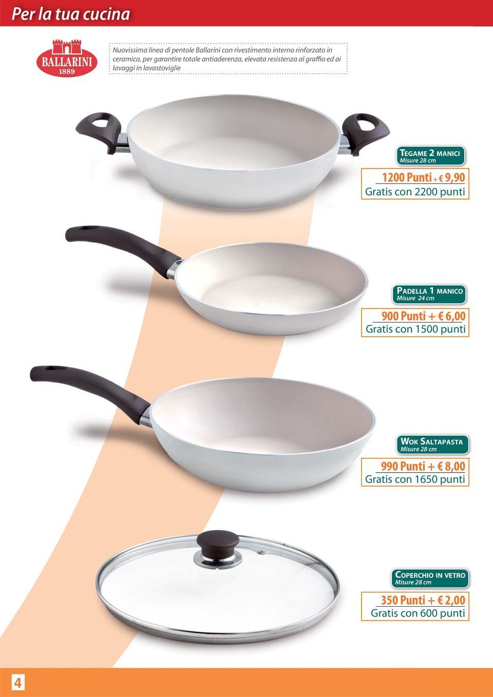 Punti + 9,90 Gratis con 2200 punti PADELLA 1 MANICO Misure 24 cm 900 Punti + 6,00 Gratis con 1500 punti WOK SALTAPASTA