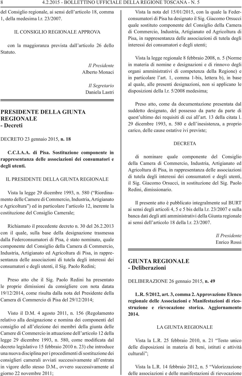 18 Il Presidente Alberto Monaci Il Segretario Daniela Lastri C.C.I.A.A. di Pisa. Sostituzione componente in rappresentanza delle associazioni dei consumatori e degli utenti.