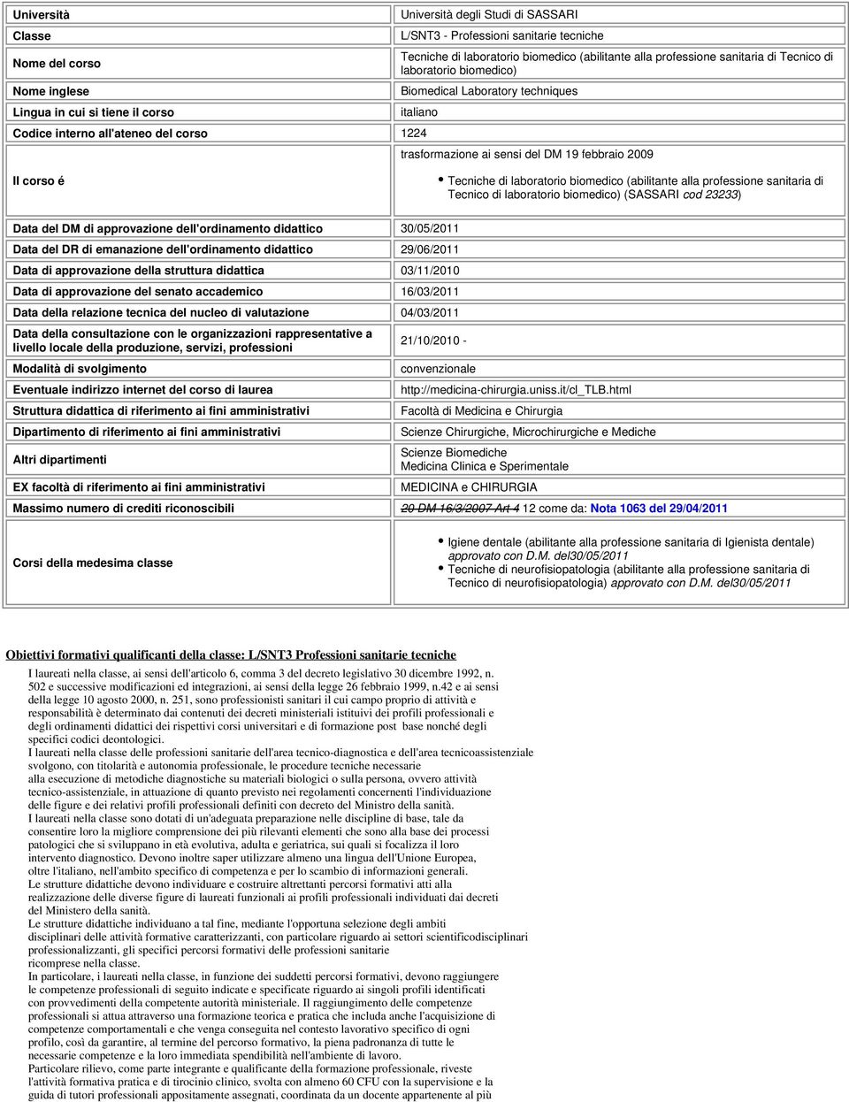 corso é Tecniche di laboratorio biomedico (abilitante alla professione sanitaria di Tecnico di laboratorio biomedico) (SASSARI cod 23233) Data del DM di approvazione dell'ordinamento didattico