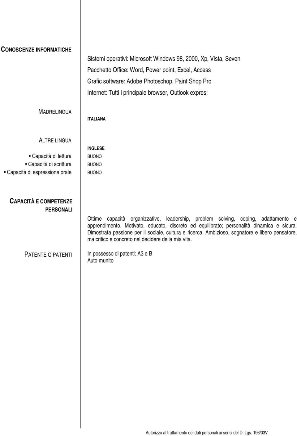 PATENTI Ottime capacità organizzative, leadership, problem solving, coping, adattamento e apprendimento. Motivato, educato, discreto ed equilibrato; personalità dinamica e sicura.