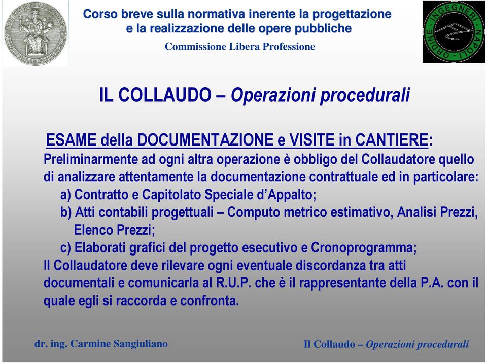 metrico estimativo, Analisi Prezzi, Elenco Prezzi; c) Elaborati grafici del progetto esecutivo e Cronoprogramma; Il Collaudatore deve rilevare ogni eventuale